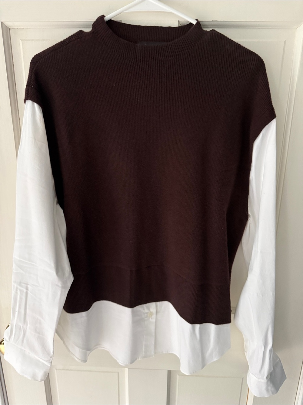Ann Taylor Women’s Chocolate Brown Crewneck Sweater with White Shirt Detail